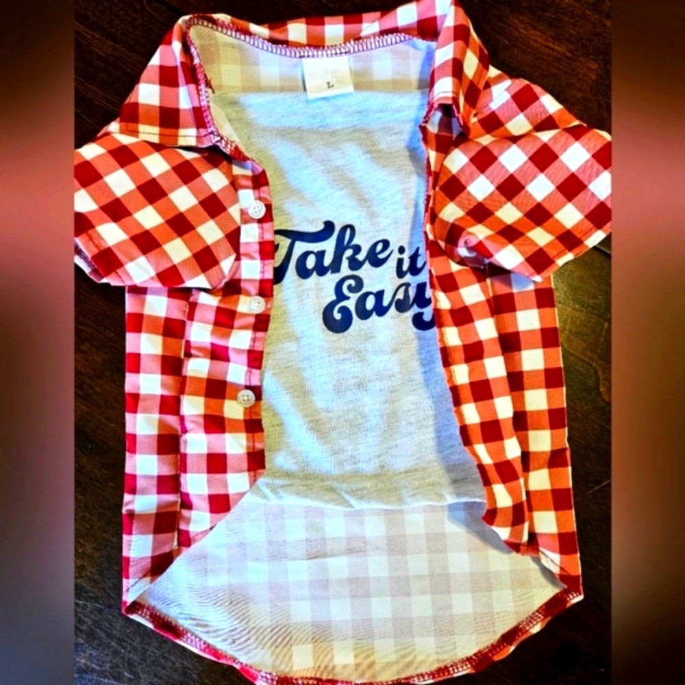 Dog camp shirt size L, red and white checks with a Grey under shirt.  NWOT